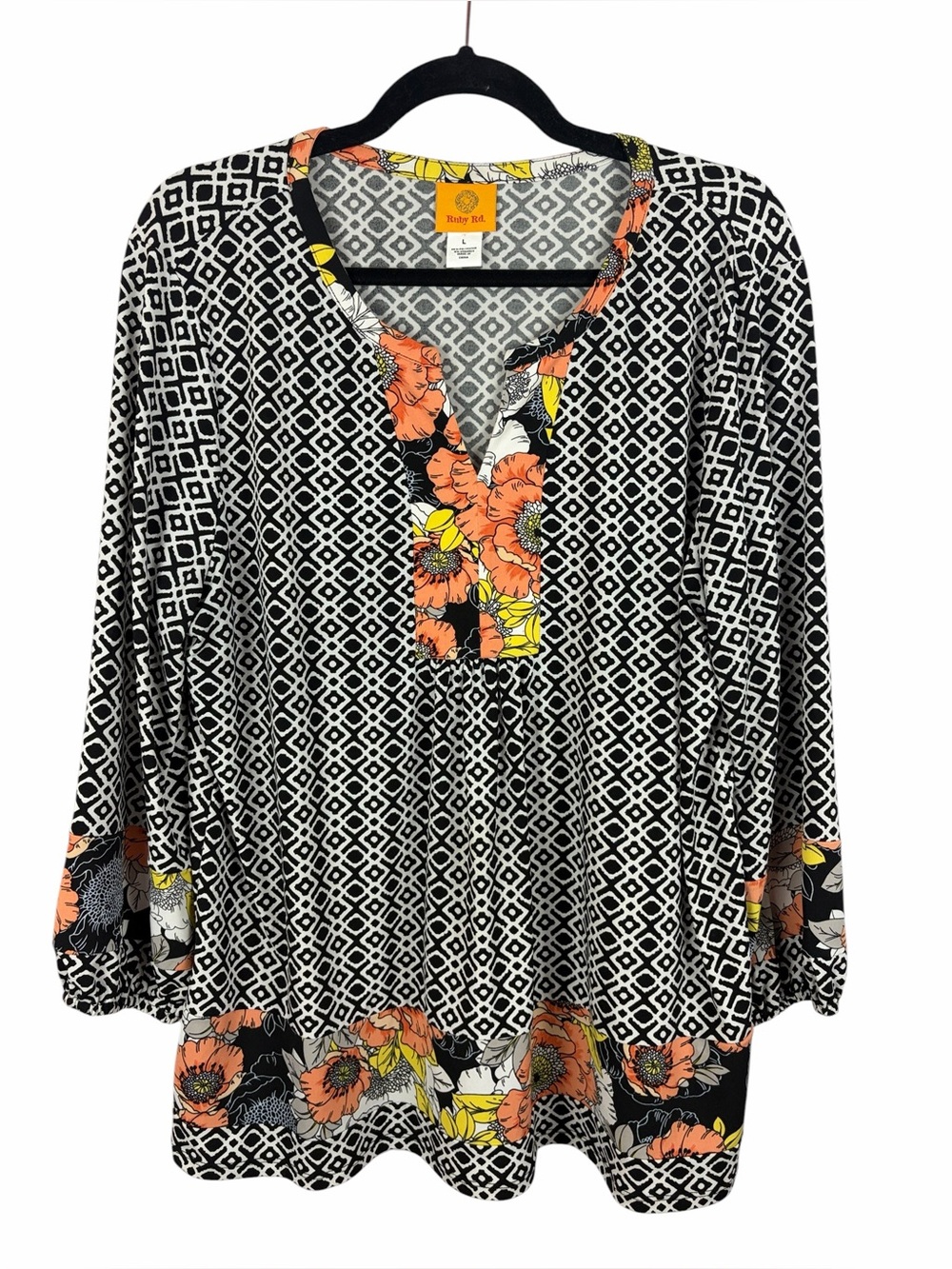 Ruby Rd. Mixed Print Blouse Floral Geometric Top Size Large